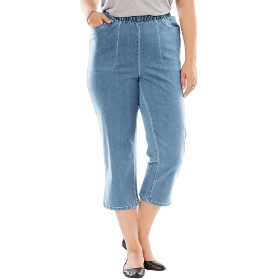Woman Within Plus Size Petite Fineline Stretch Denim Pull-On Capri Jeans