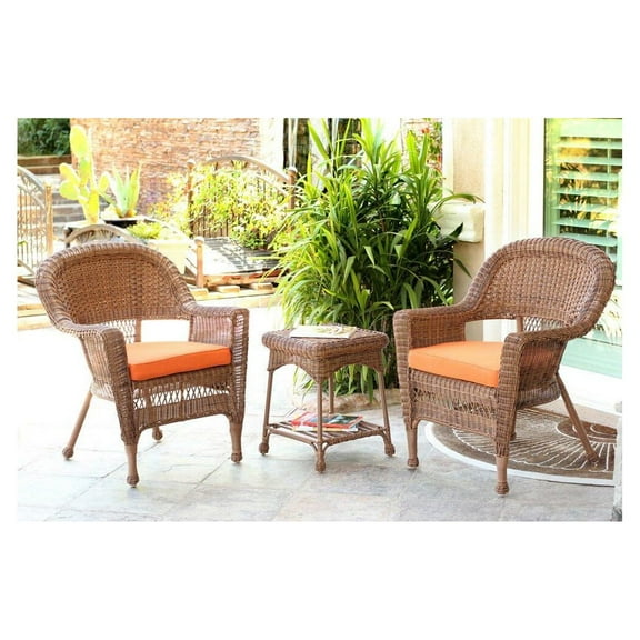 Jeco 3pc Wicker Chair and End Table Set with Orange Chair Cushion-Finish:Honey