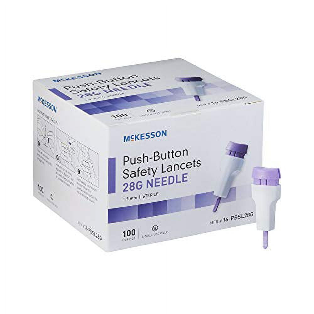 McKesson Safety Lancet, Fixed Depth Lancet Needle 1.5 mm Depth 28 Gauge Push Button (Box of 100)