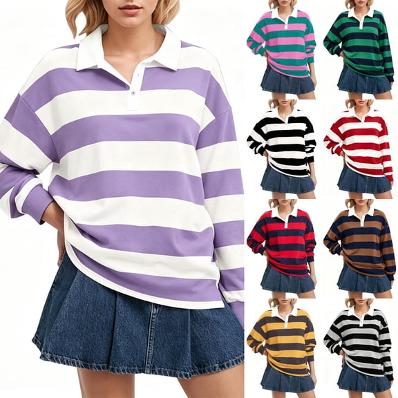 Women Long Sleeve Striped Shirt Button Collar Y2k Pullover T Shirts Casual Loose Oversized Polo Sweatshirt