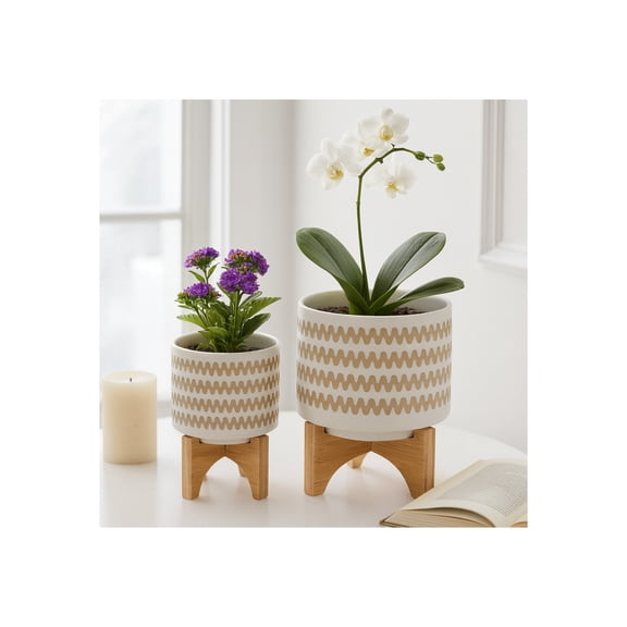 Zig Zag Ceramic Planters with Stand as Home Decor  Flower Pots for Patio, Entryway, Tabletop, and Garden - Raised Decorative Plant Pots for Indoor and Outdoor Plants - Set of 2, 11", 7", White & Tan