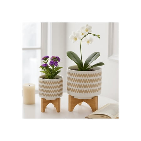 Zig Zag Ceramic Planters with Stand as Home Decor Flower Pots for Patio, Entryway, Tabletop, and Garden - Raised Decorative Plant Pots for Indoor and Outdoor Plants - Set of 2, 11", 7", White & Tan