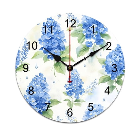 Blue Hydrangea Floral Print-2 Printed Silent Wall Clock Round Kitchen Clock Chic Quiet Desk Clock For Living Room 10in