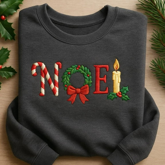 NOEL Embroidered Sweatshirt, Christmas Candy Cane Crewneck, Wreath Holiday Shirt, Candle Xmas Sweater Gift