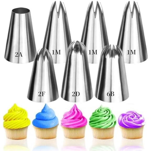 7Pcs 1M 2D 2F Large Piping Tips Set, Stainless Steel Cake Decoration Piping Tips, Piping Nozzles Baking Tools For Buttercream Icing Birthday Cake Cupcake DIY Art