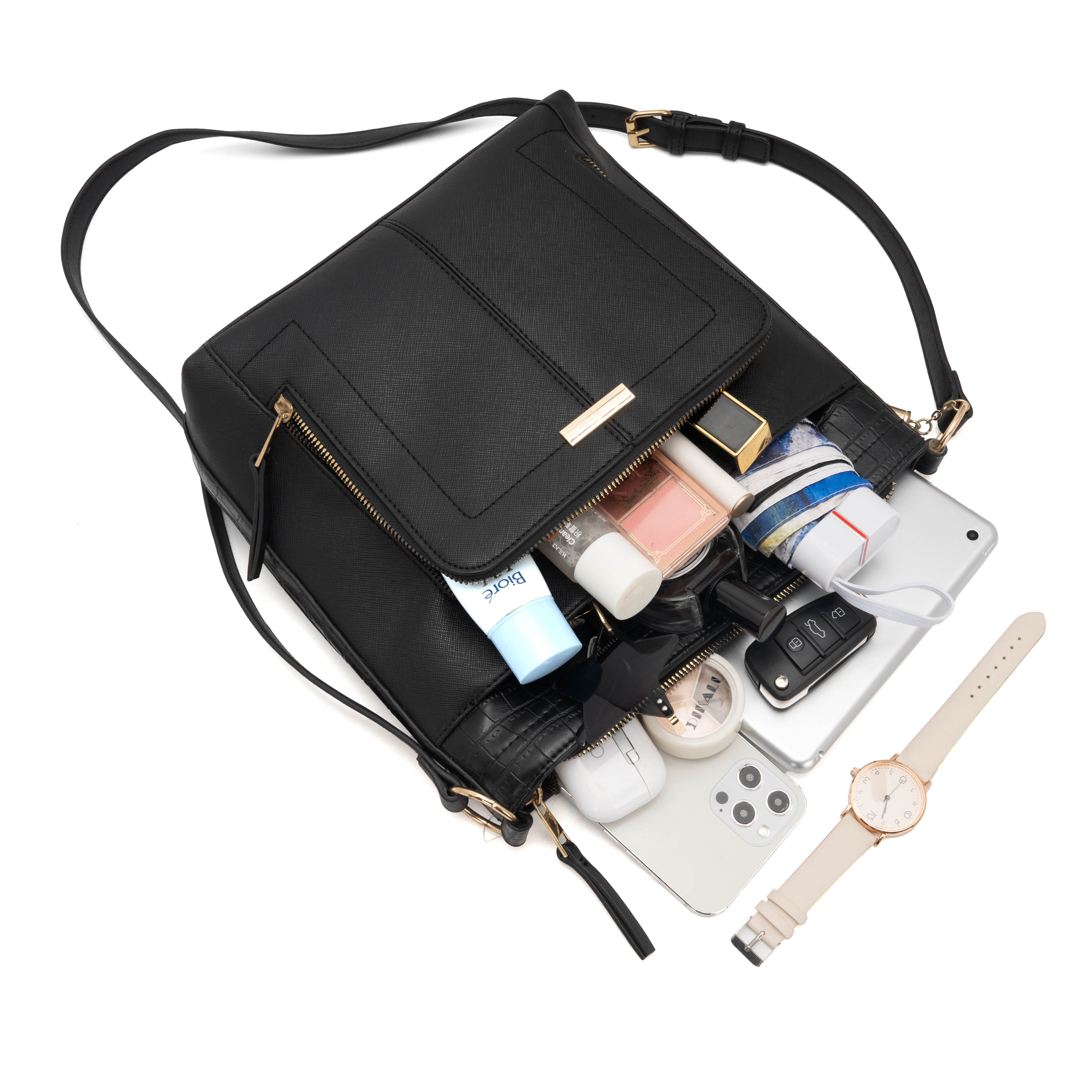 Women Crossbody Bag Black Color Messenger Bag Multi-pocket Shoulder Purse for Commuting Traveling