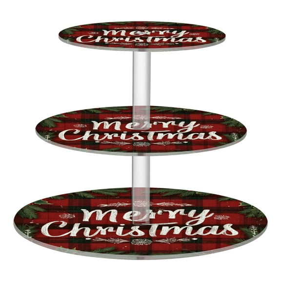 Wobogo Christmas Red Plaid 3 Tier Acrylic Cake Stand with Clear Round Hold for Wedding Holiday Birthday Baby Shower Tea Party