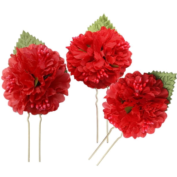 3Pcs Horquillas para El Cabello de para Novias Palo de cabellero Nupcial Flor Artificial rojo