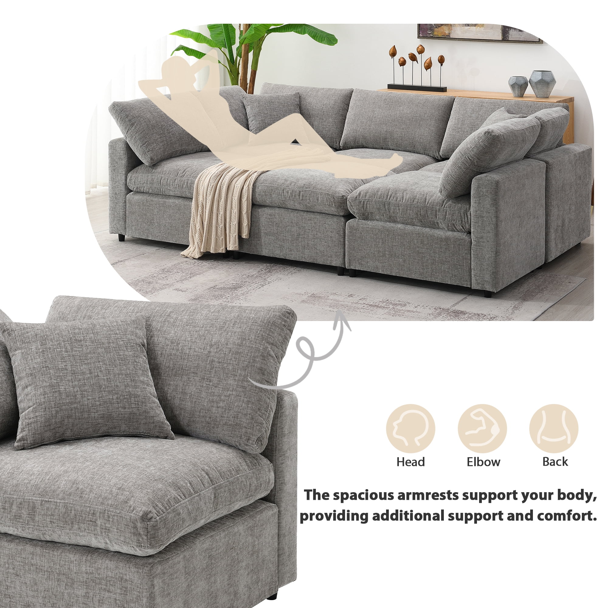 MAYEERTY 130x65" Modern Modular Cloud Sofa Bed - 6-Seat Chenille U-Shaped Sleeper with Ottoman, Free Combination for Living Room/Apartment, 3 Colors