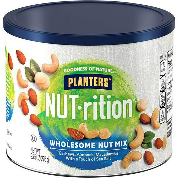 1x Planters NUT-rition Wholesome Nut Mix with Cashews, Almonds, and Macadamias, 9.75 oz Canister