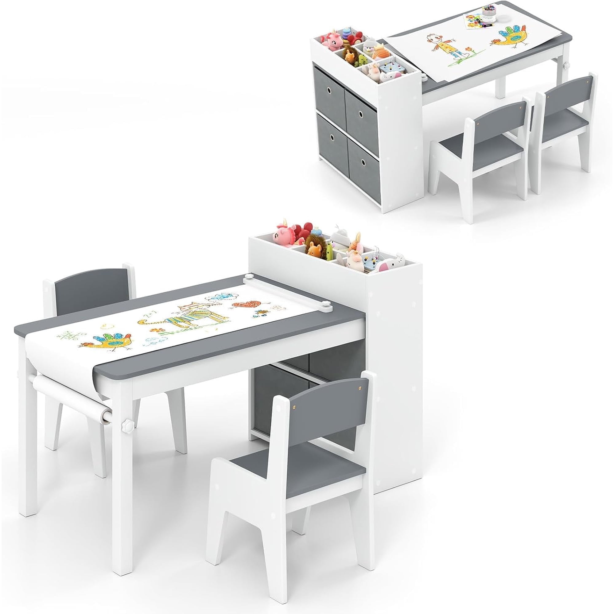 INFANS Kids Table and Chair Set, Toddler Art Craft Play Wood Activity Desk with 2 Chairs 4 Storage Canvas Bins Paper Roll for Writing Drawing, Children Furniture for Daycare Nursery