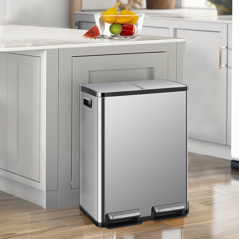 Nextay Dual Compartment Trash Can, 60L/16Gal Stainless Steel Kitchen Garbage Bin with Soft-Close Foot Pedal, Smudge-Proof Rectangular Recycling Can for Home Office,Silver