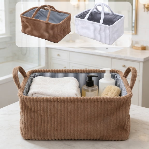 Foldable Fabric Storage Basket | Durable Cloth Organizer Bin with Handles, White/Brown, 15x11x7 Inch | Sturdy Easy-Clean Storage for Clothes, Toys, Home Décor
