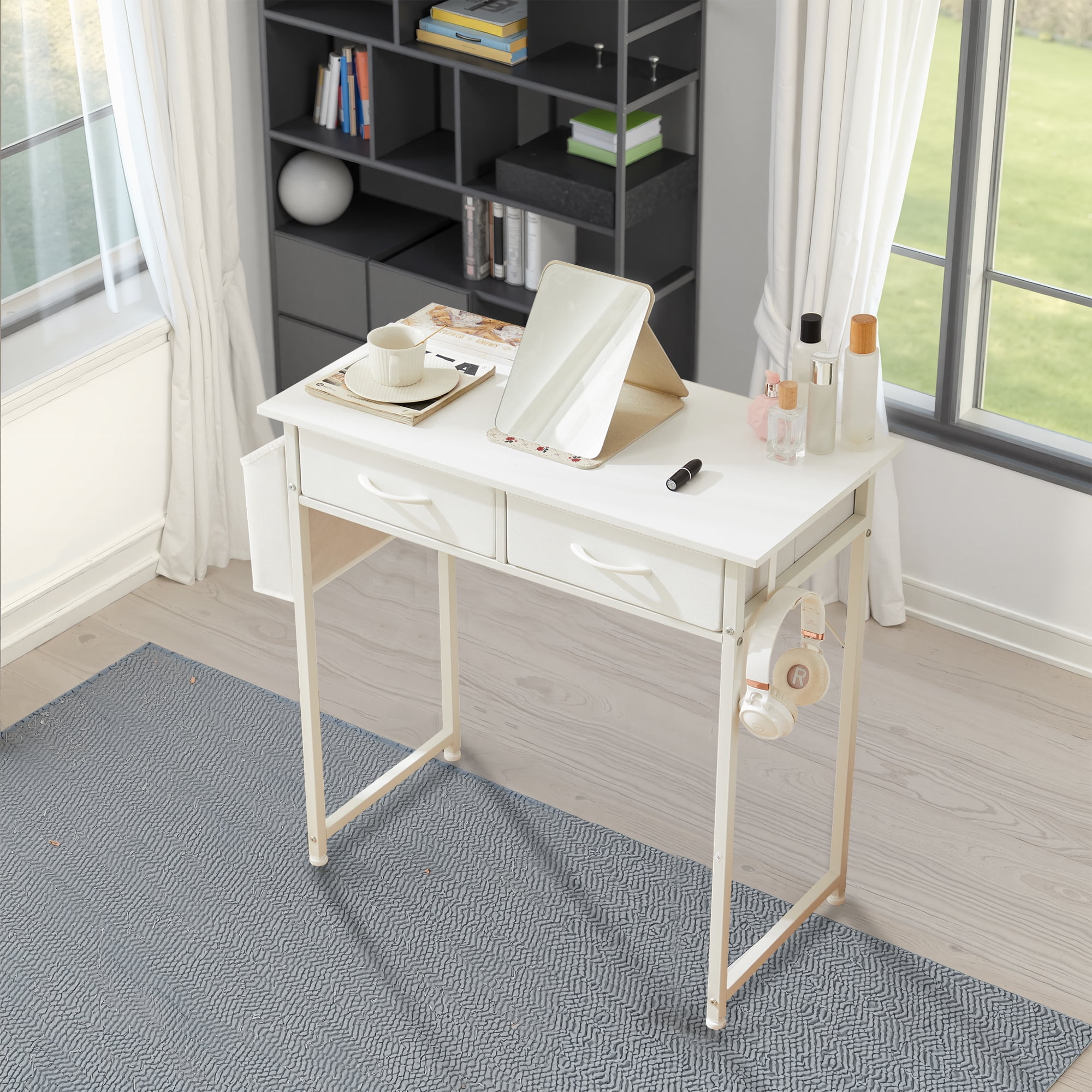 MAYEERTY 32in Adjustable Small Computer Desk, Metal Writing Study Table with Storage and Headphone Hook, Home Office