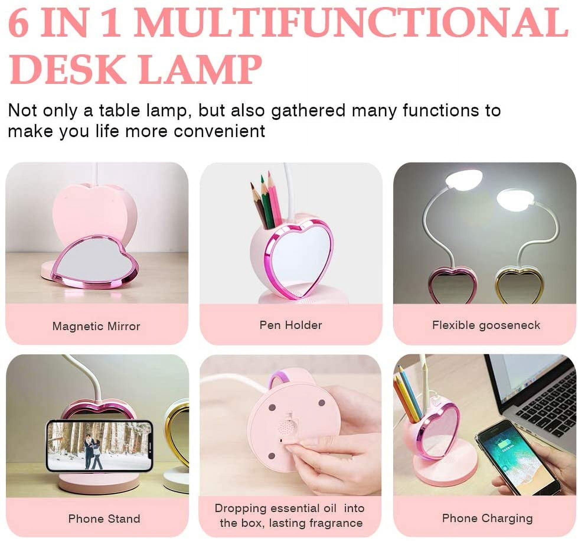 LED Desk Lamp for Kids, Small Desk Lamp with USB Charging Port & Pen Holder and Phone Stand, Cute Lamp with 2 Color Modes,Eye-Caring Study Table Lamp Pink for Girls College Dorm Bedroom Reading