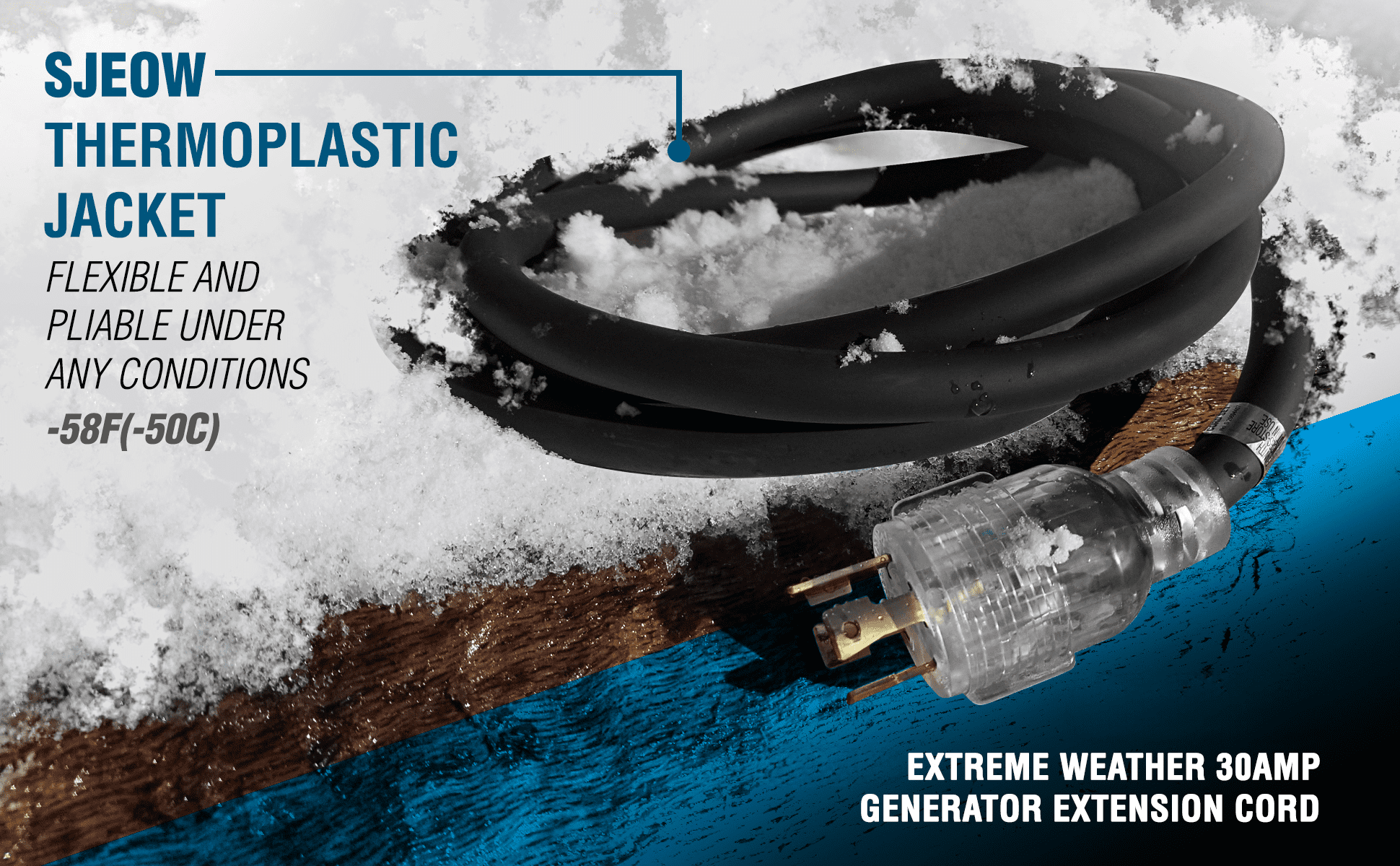 TEMCo 50 ft Extreme Cold Weather Generator Extension Cord L14-30 30 Amp Black