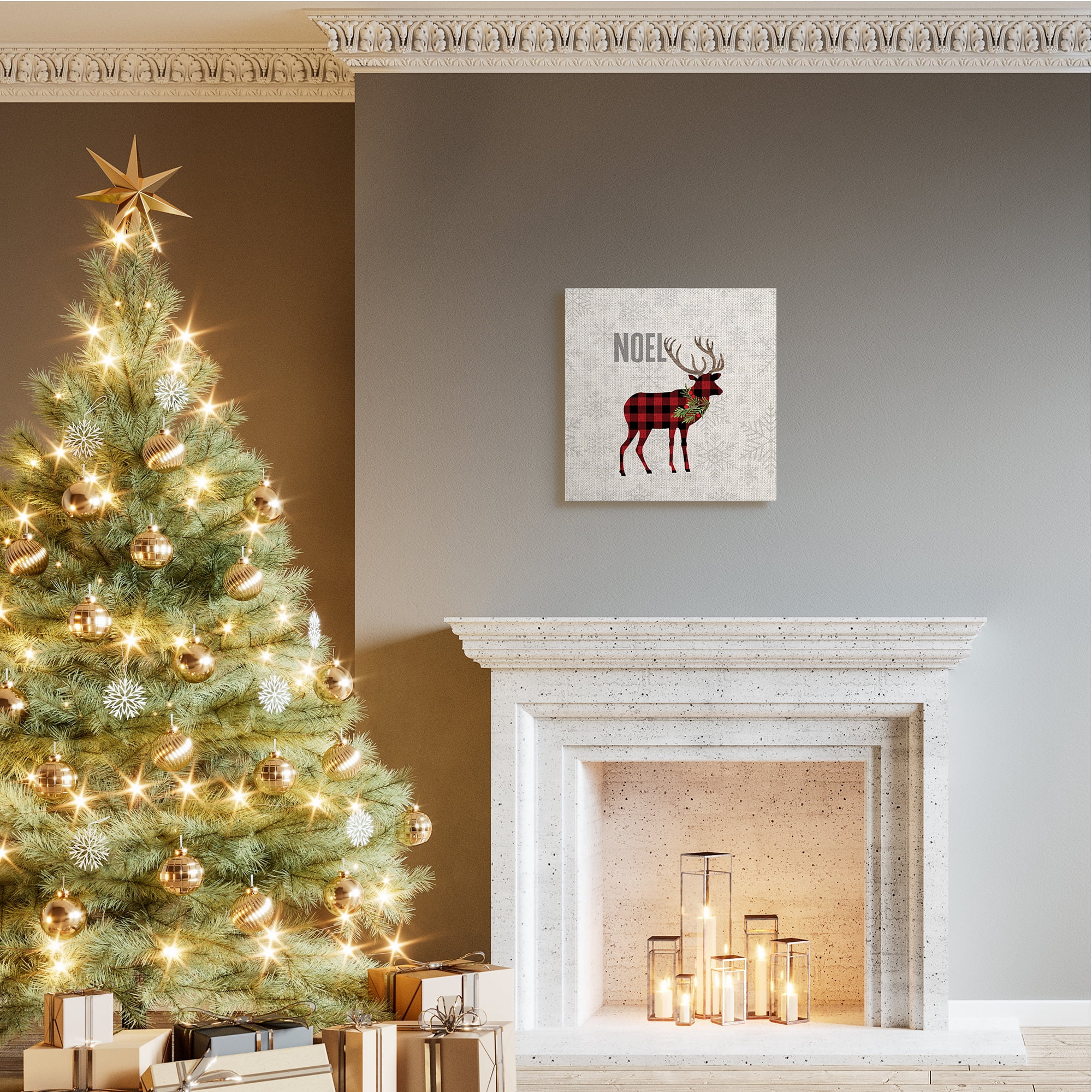 Stupell Industries Noel Phrase Patchwork Reindeer Christmas Snowflakes Animals & Insects Painting Gallery Wrapped Canvas Art Print Wall Art, 24 x 24