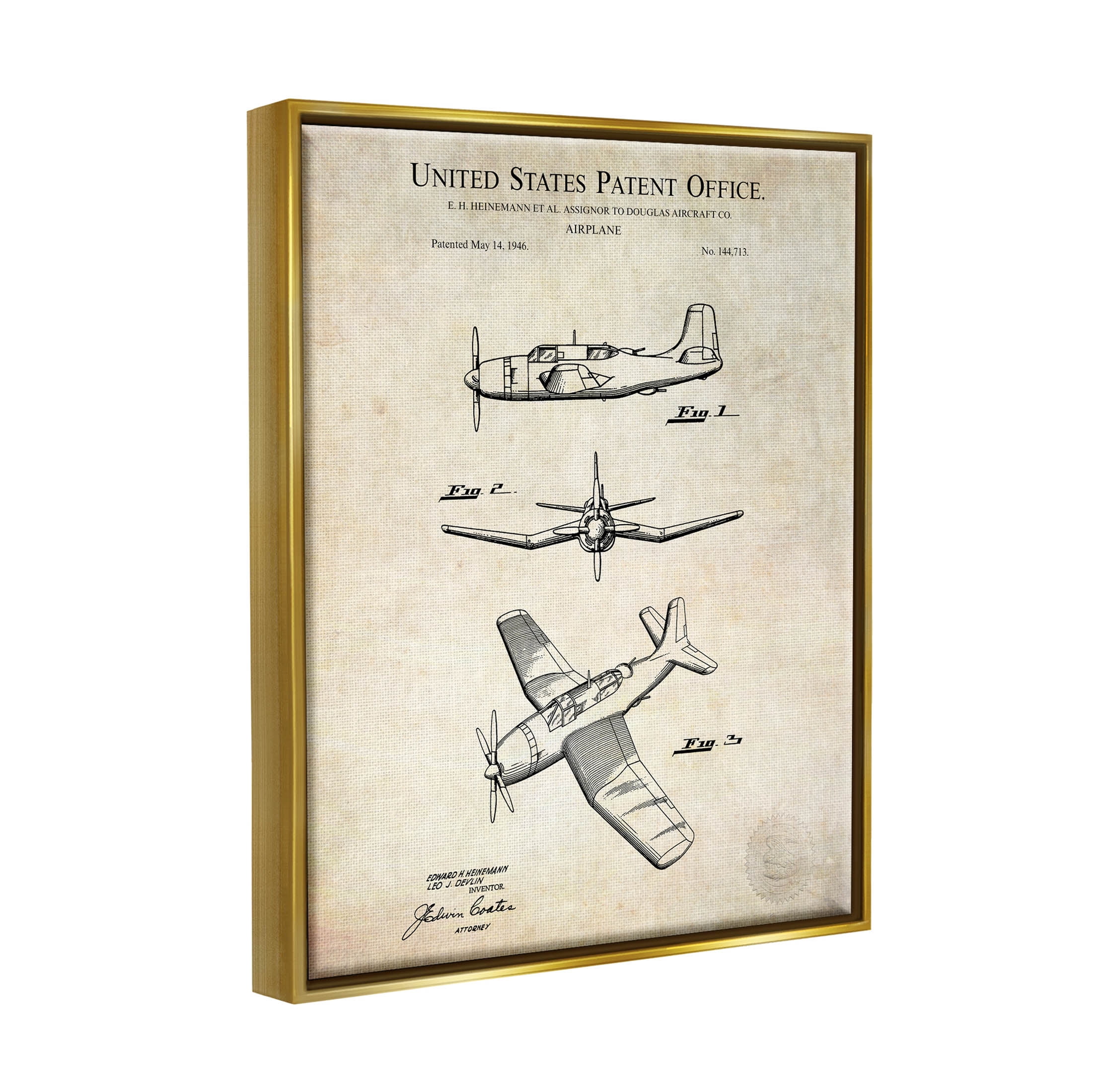 Stupell Industries Vintage Distressed Patent Airplane Graphic Art Metallic Gold Floating Framed Canvas Print Wall Art, Design by Karl Hronek