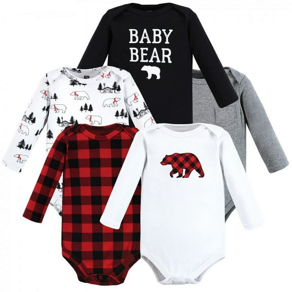 Hudson Baby Infant Boy Cotton Long-Sleeve Bodysuits, Buffalo Plaid Bear 5-Pack, 0-3 Months