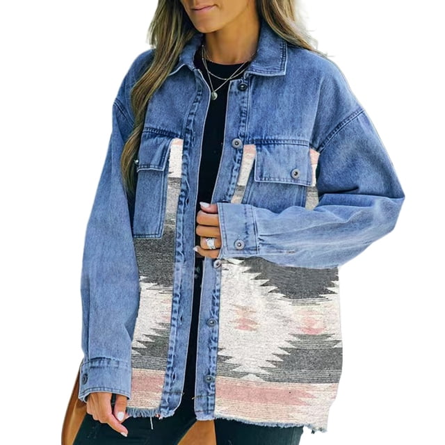 Qudderr Womens Denim Jacket Loose Patchwork Jean Coat Geometric Pattern Long Cowboy Outwear Spring Fall Lapel Button down Women's Coat S-XL