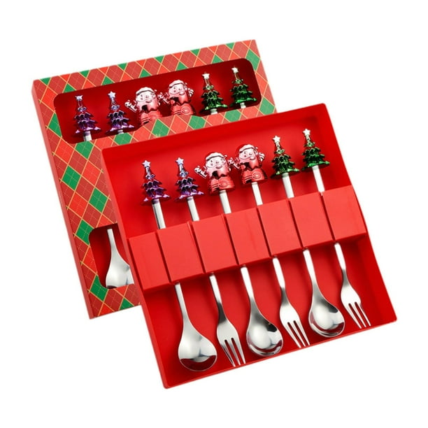 Juego de cubiertos navideños de 6 piezas con cuchara de café, tenedor reutilizable, tenedor de fruta, festivo Estilo B