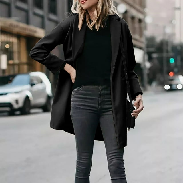 EGNMCR Manteau et Vestes Décontractés à Manches Longues Sans Capuche pour Femmes, Col Rabattu, Manteau d'Hiver, Poche, Dégradé, Uni, Sans Capuche, Coupe Régulière, Manteau à Manches Longues pour Femmes