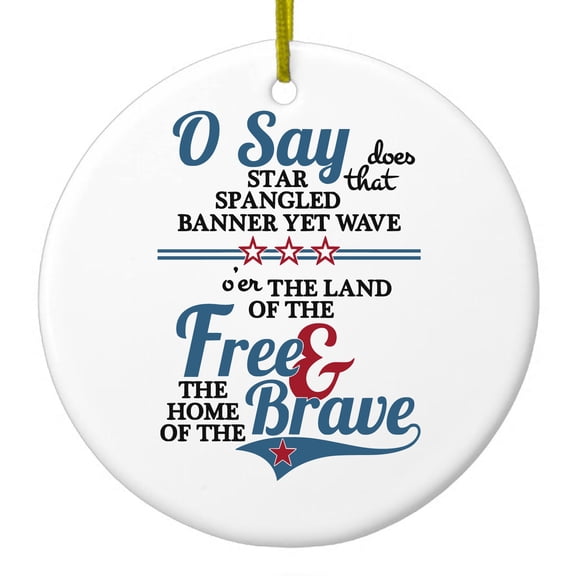 DistinctInk Hanging Ceramic Christmass Tree Ornament with Gold String - Great Gift / Present - 2 3/4 inch diameter - Star Spangled Banner - Home of the Brave
