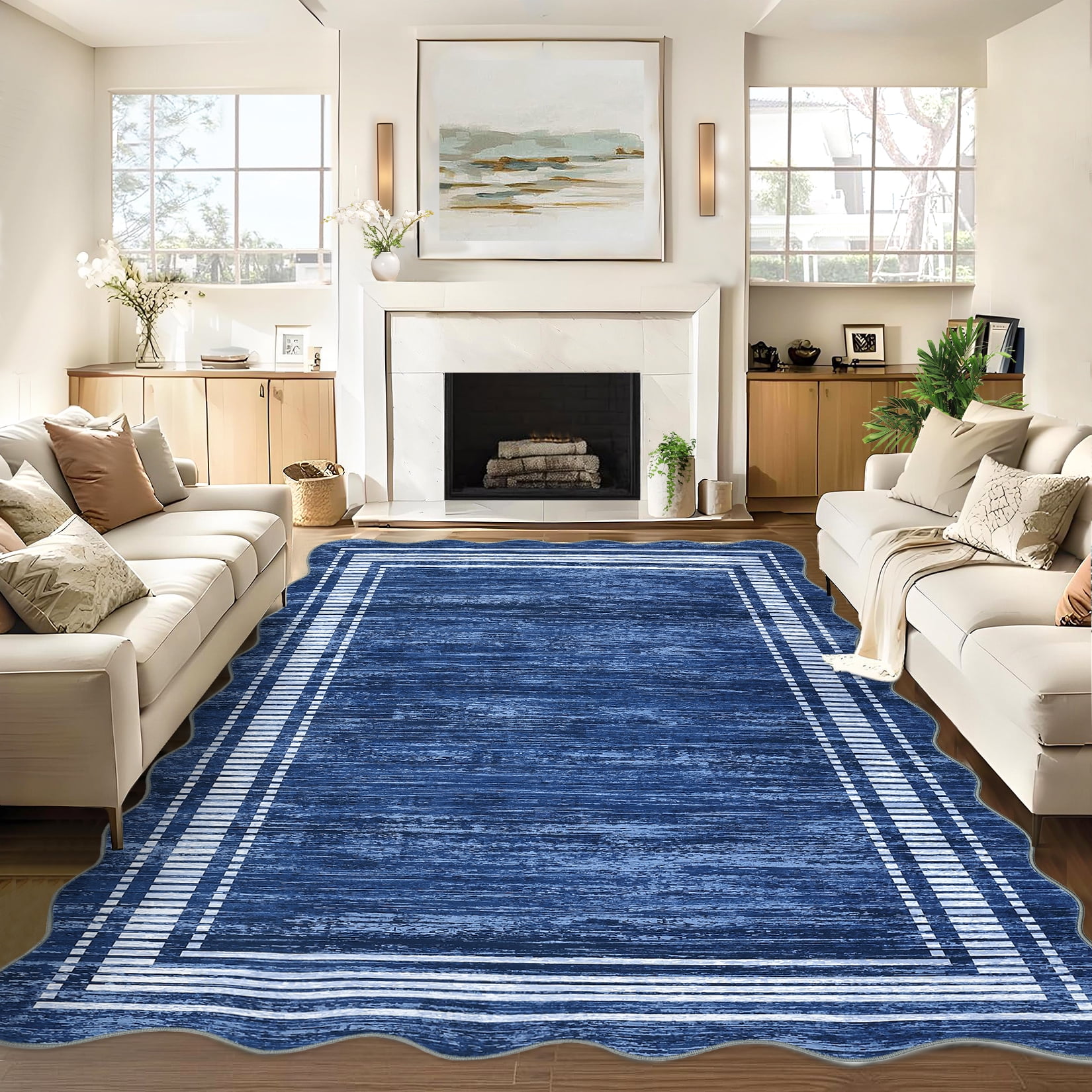 COZONY 10'x13' Modern Scalloped Washable Area Rug, Non-Slip Low-Pile Carpet for Living Room, Bedroom, Navy Blue