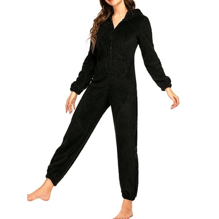 

Dewadbow Women S Warm Plush Romper Winter Pajamas Zipper Hooded Jumpsuit
