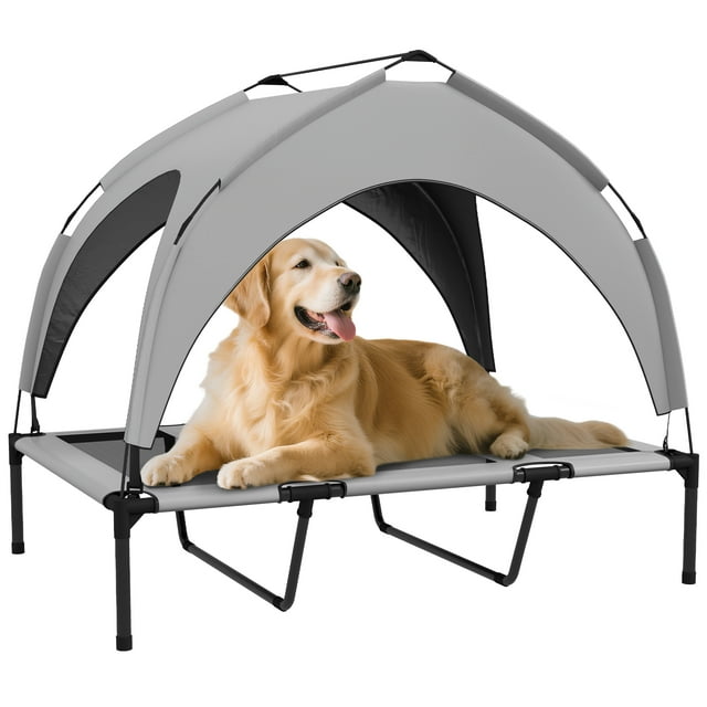 PawHut Lit Surélevé pour Chien, Lit de Camp Rafraîchissant avec Auvent, pour L Gris Pâle