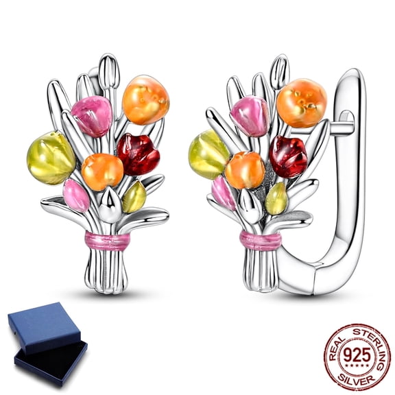 NARMO 925 Sterling Silver Tulip Bouquet Hoop Huggie Earrings for Women, Hypoallergenic Sparkling Cubic Zirconia Jewelry Gift with Box