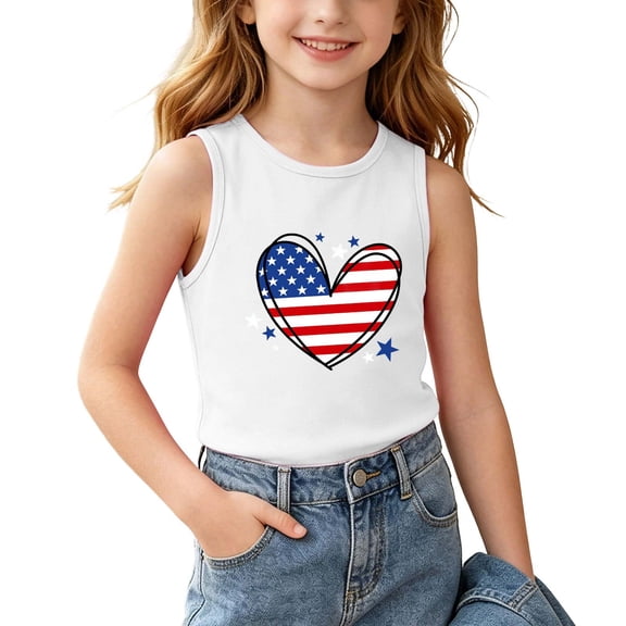 Avrnliq Girls Sleeveless Patriotic Shirt American Flag Heart Print Tank Top 4th of July Summer White,Size 6 T