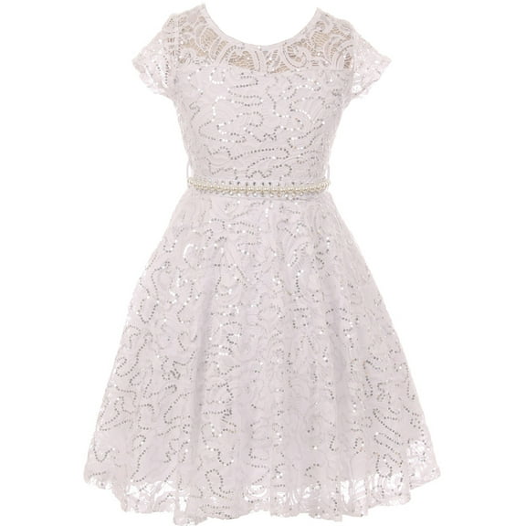 Little Girls Short Sleeve Lace Glitter Skater Pearl Belt Special Occasion Flower Girl Dress White 2 (J21KS02)