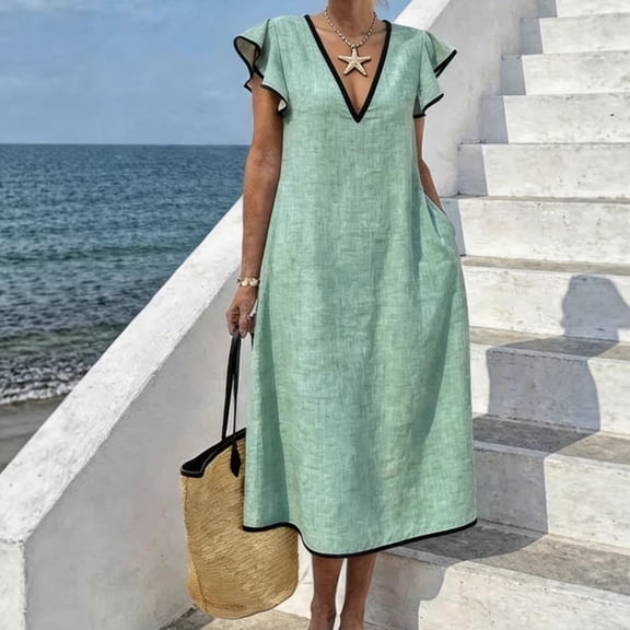 ClodeEU Women's V Neck Ruffle Sleeve Midi Dress,Casual A Line Loose Sundress with Pockets Green,Women's Plus L
