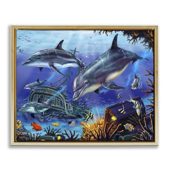 Stupell Industries Tropical Underwater Shipwreck & Treasure Gold Floating Frame Canvas Art, 31 x 25, by Interlitho
