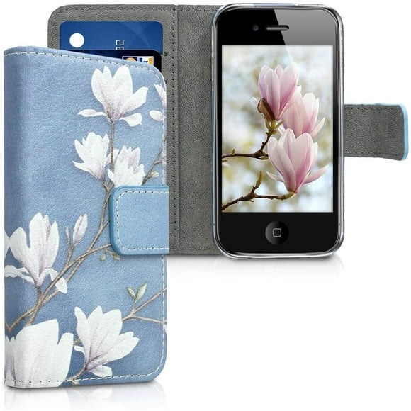 kwmobile Case Compatible with Apple iPhone 4 / 4S - Wallet Case PU Leather Flip Cover - Magnolias Taupe/White/Blue Grey