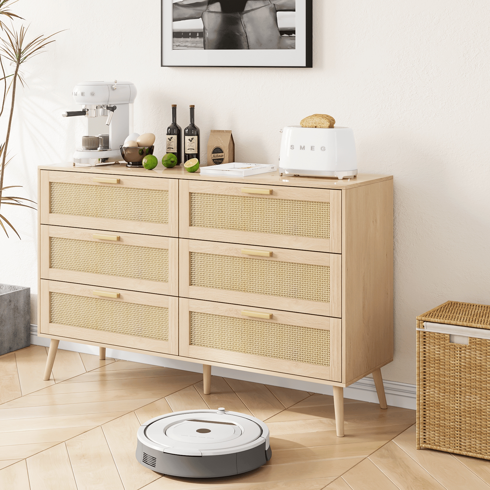 Resenkos Modern Rattan Dressers for Bedroom, 6 Drawer Dresser Organizer with Handles, Accent Chest of Drawer