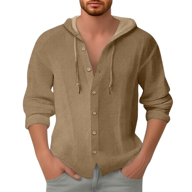 Men Spring Jacket Cardigan with Hooded Long Sleeve Button Front Jacquard Weave Solid Tone Casual Shirt