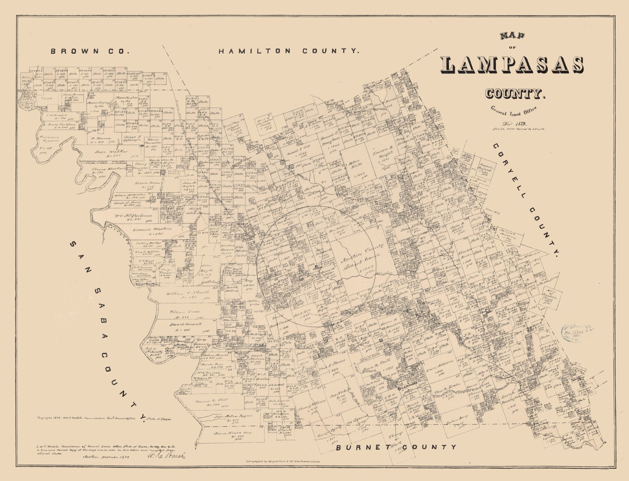 Lampasas County Texas Walsh 1879 30.07 x 23