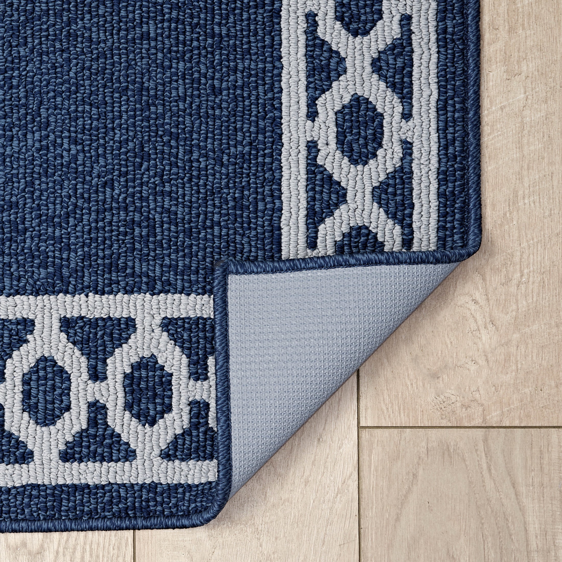 Washable Skid-Resistant Runner Rug, Trellis Border , Denim Twist and Light Grey , 26" x 45"