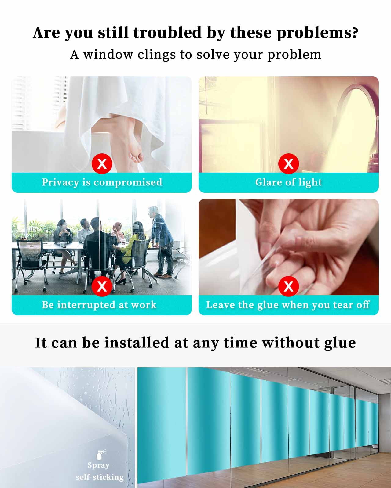 Window Privacy Film Turquoise Ombre Stained Glass Window Film Decorative Sun Block Window Cover Modern Abstract Art Window Clings Static Adhesive Sticker for Bathroom 23.6"x59"