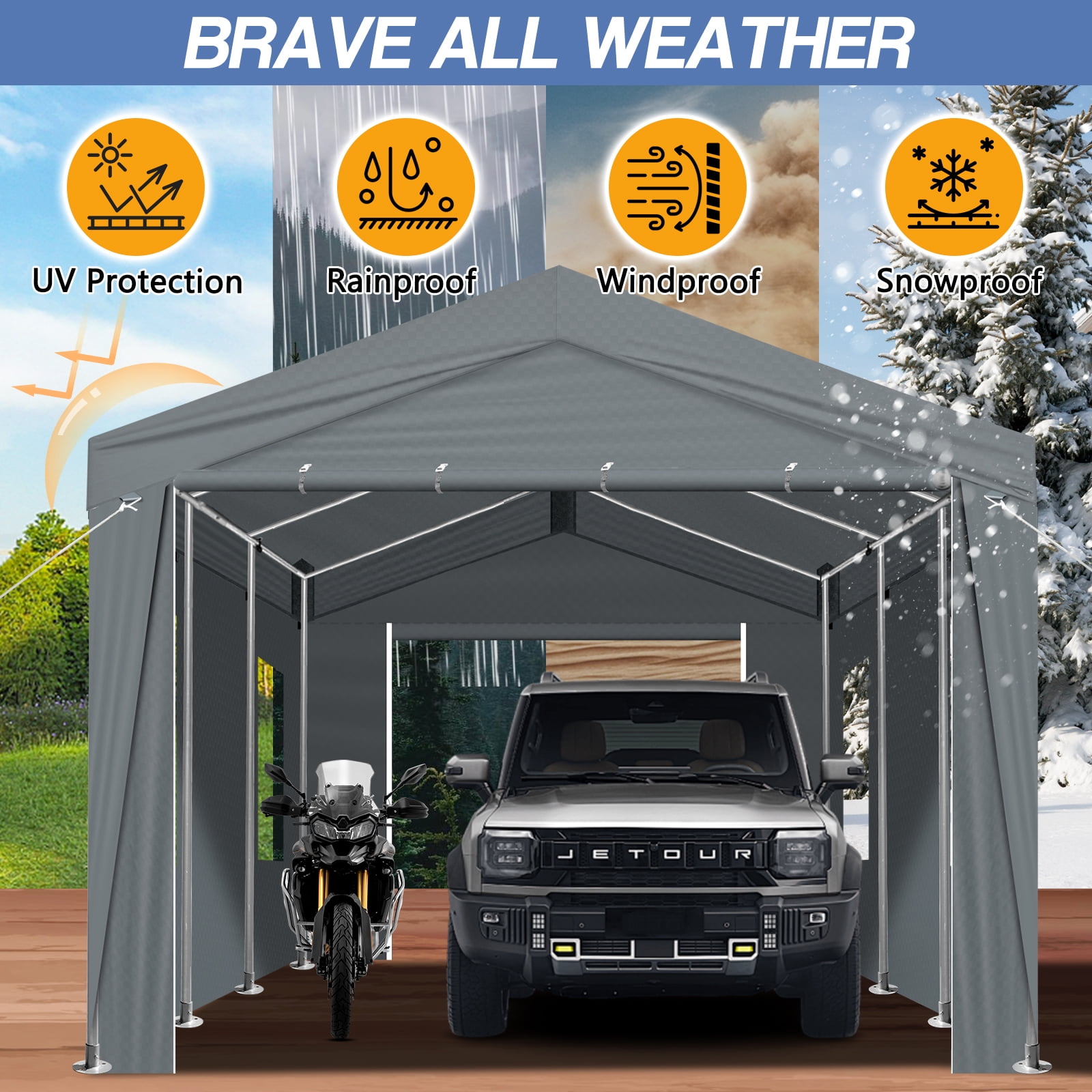 Ktaxon 12x20Ft Carport, Large Heavy Duty Car Tent with Galvanized Steel Frame, Portable Storage Boat Shed Canopy Garage with Sidewalls & Doors, Gray