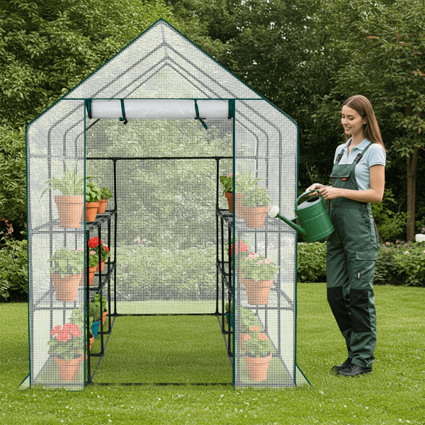 Alvantor Large Walk-In Greenhouse with PE Cover, 12-Shelf Indoor Outdoor Garden Plant Shelves, Roll-Up Door & Side Windows, 56"x85"x77"