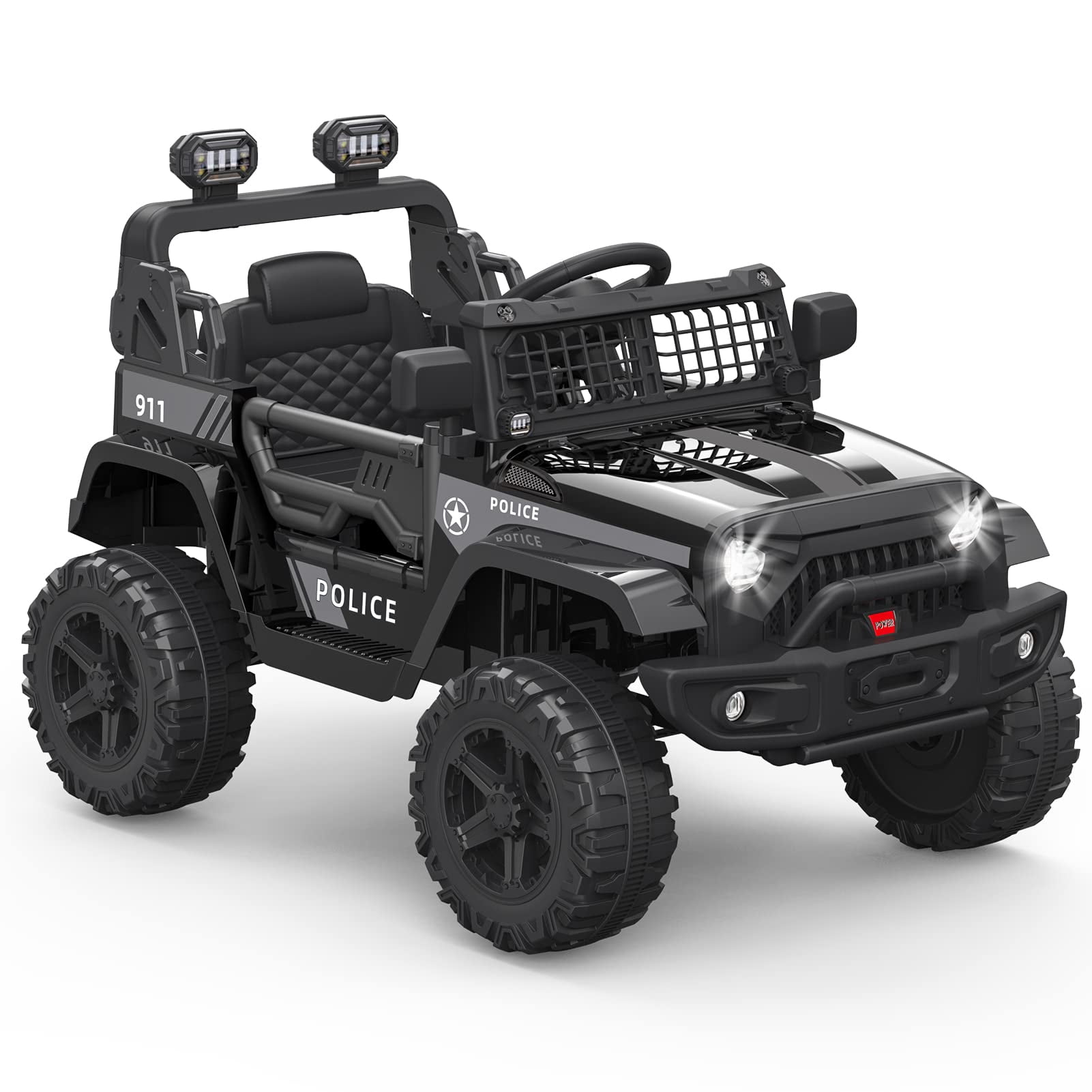 Ride on Truck Car 12V Kids Electric Mini Jeep with Remote Control Spring Suspension, LED Lights, Bluetooth, 2 Speeds (Black)