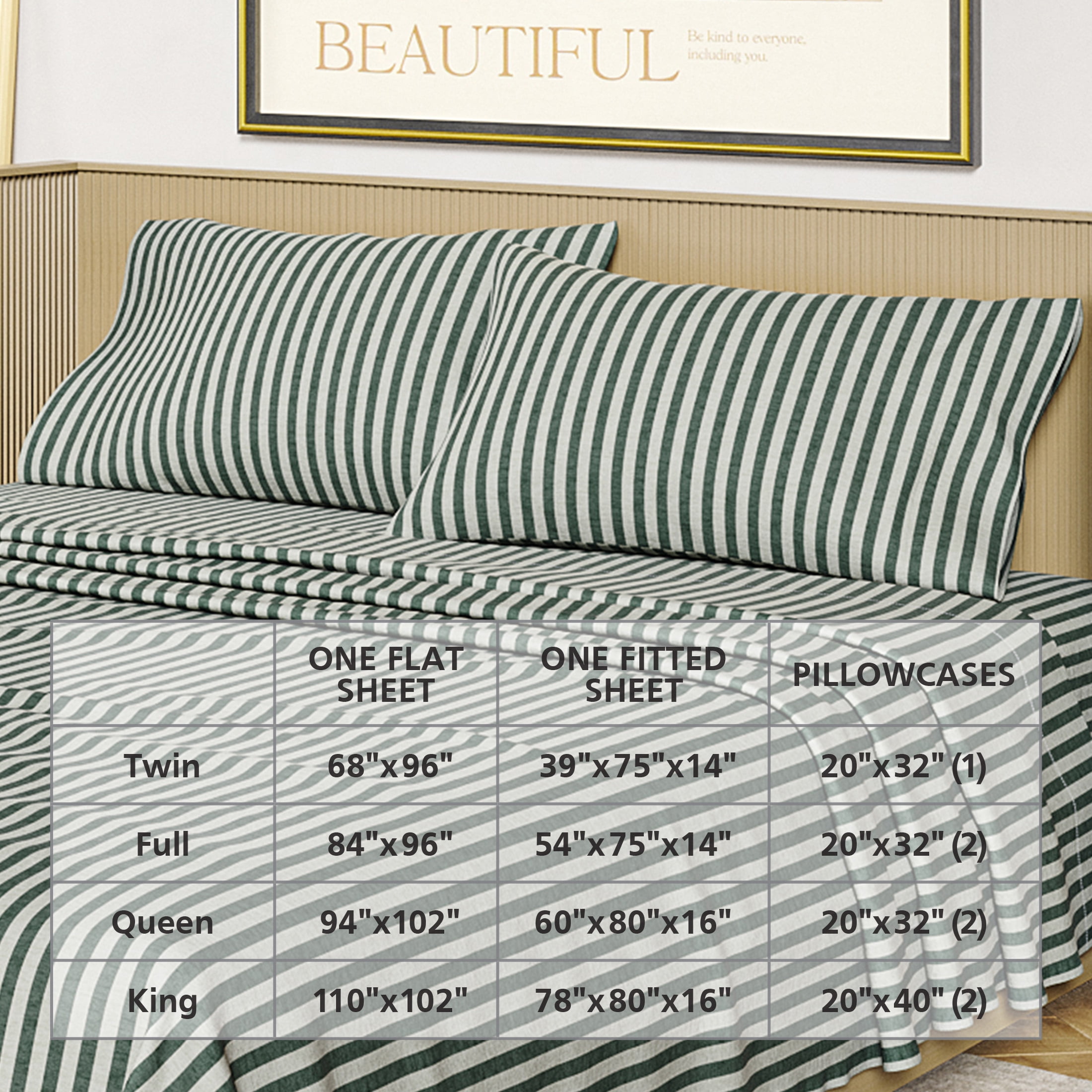 Beautiful Striped 4-Piece 100% Cotton Percale Sage Green Sheet Set, Full by Drew Barrymore