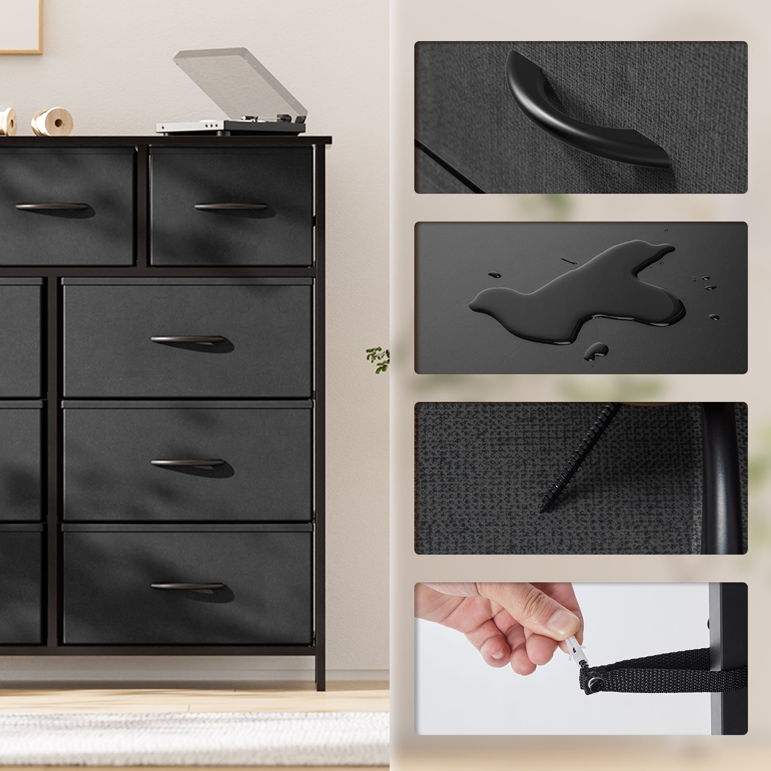 edx 9 Drawer Fabric Dresser for Bedroom, Chest of Drawer Organizer Storage Cabinet for Closet, Entryway, Black