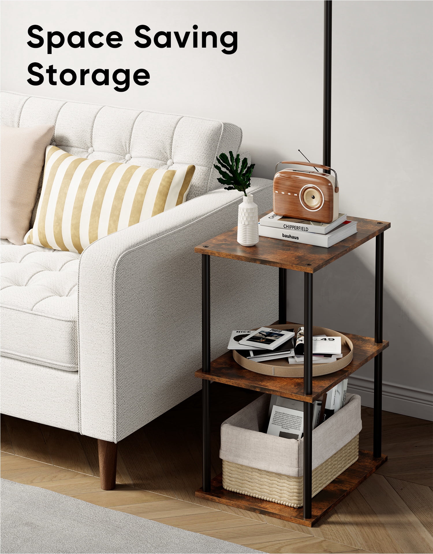 Floor Lamp with Table, Night Stand with Lamp with 3CCT LED Bulb, End Table with Storage Shelves for Home Décor, Rustic Brown