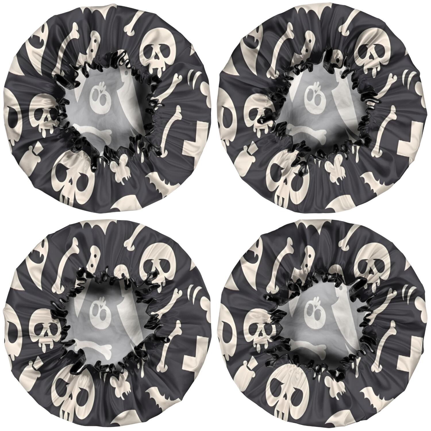 Shower Caps,Spooky Halloween Icons Pattern Waterproof Shower Cap for Women 4 Pieces,Double Reusable Hair Cover for Shower PEVA Elastic Stretch Hem