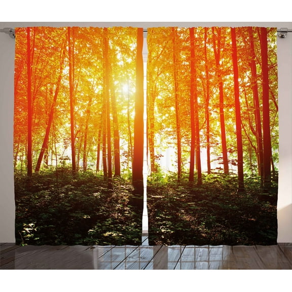 Ambesonne Nature Curtains 2 Panel Set, Foggy Forest Scenery, 108" x 63", Orange Fern Green
