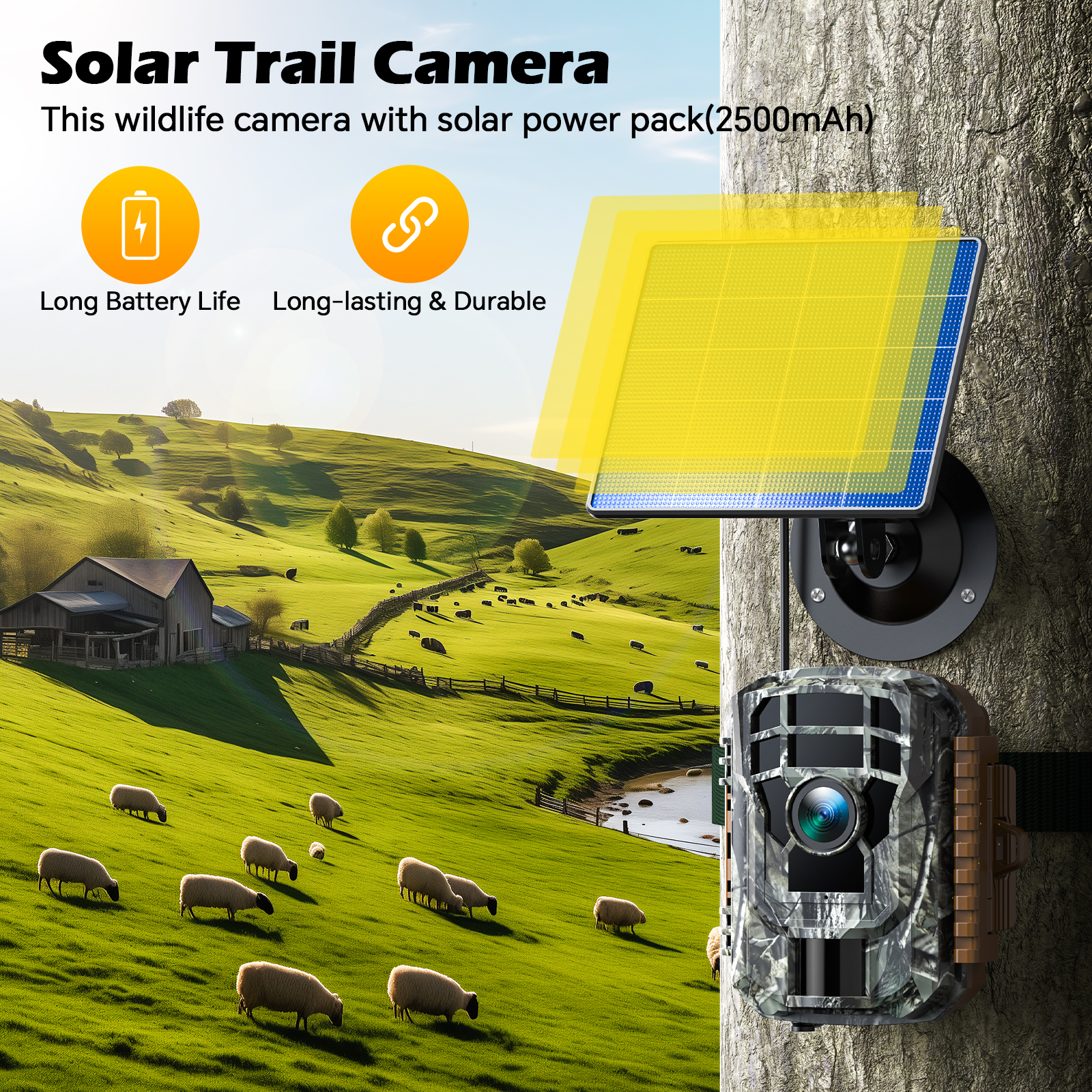 CAMPARK Trail Camera, 36MP 2K Hunting Camera with 2500mAh Solar Panel Night Vision Motion Activated IP66 Waterproof, 120° Wide-Angle Trail Cam for Wildlife Scouting